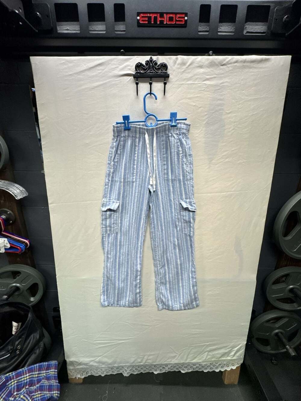 Roxy Women's Blue and White Striped Linen Blend Cargo Beach Pants